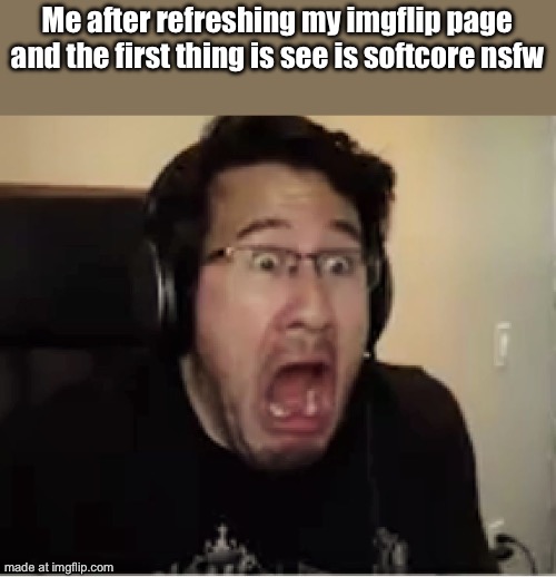 Horrified Markiplier | Me after refreshing my imgflip page and the first thing is see is softcore nsfw | image tagged in horrified markiplier | made w/ Imgflip meme maker