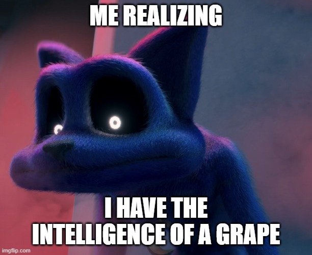 Catnap looking down and out | ME REALIZING; I HAVE THE INTELLIGENCE OF A GRAPE | image tagged in catnap looking down and out | made w/ Imgflip meme maker