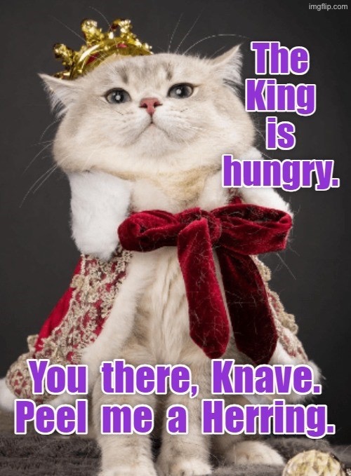 Peel Me A Herring | image tagged in cats,medieval memes,funny cats,superior royalty,peasant,signature look of superiority | made w/ Imgflip meme maker