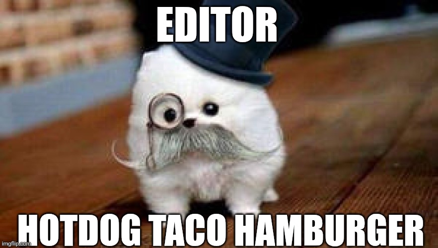 EDITOR HOTDOG TACO HAMBURGER | image tagged in sophisticated puppy harumph | made w/ Imgflip meme maker