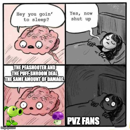 True fact | THE PEASHOOTER AND THE PUFF-SHROOM DEAL THE SAME AMOUNT OF DAMAGE. PVZ FANS | image tagged in hey you going to sleep,pvz,realization,memes | made w/ Imgflip meme maker