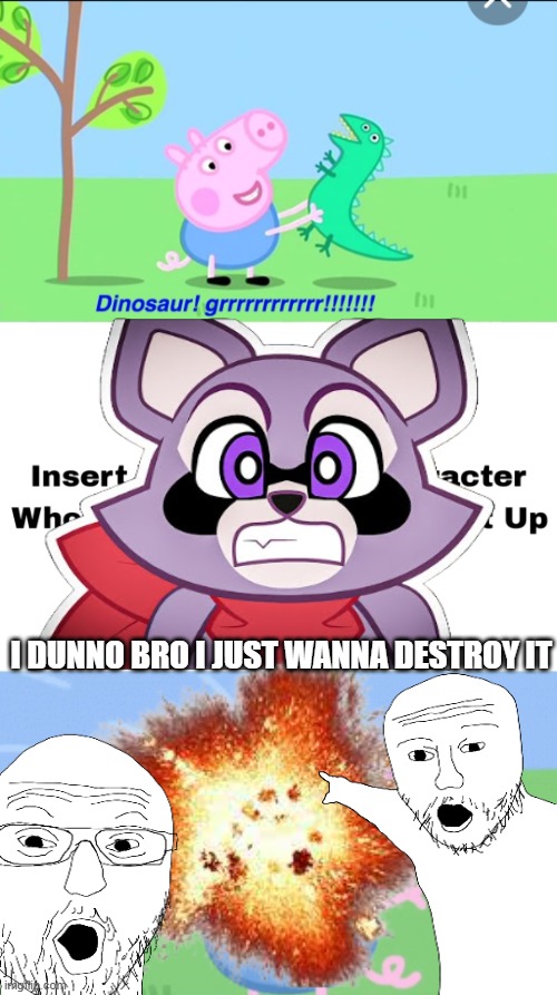 Rambley approves! | I DUNNO BRO I JUST WANNA DESTROY IT | image tagged in ruin this meme,rambley the raccoon,fill in memes,deviantart | made w/ Imgflip meme maker