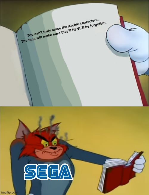 Long live the Acorn Family! | You can't truly erase the Archie characters. The fans will make sure they'll NEVER be forgotten. | image tagged in angry tom reading book,sonic the hedgehog,sonic,sonic meme | made w/ Imgflip meme maker