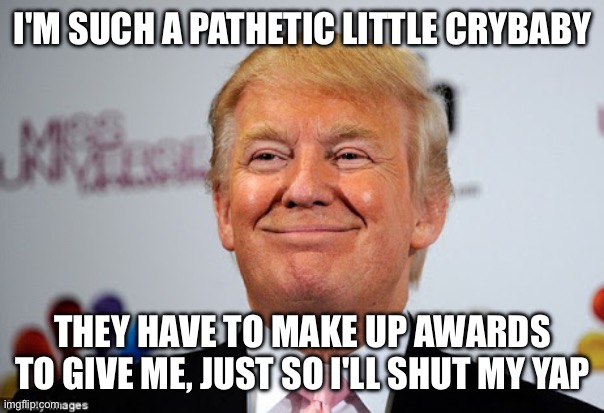 Donald trump approves | I'M SUCH A PATHETIC LITTLE CRYBABY THEY HAVE TO MAKE UP AWARDS TO GIVE ME, JUST SO I'LL SHUT MY YAP | image tagged in donald trump approves | made w/ Imgflip meme maker