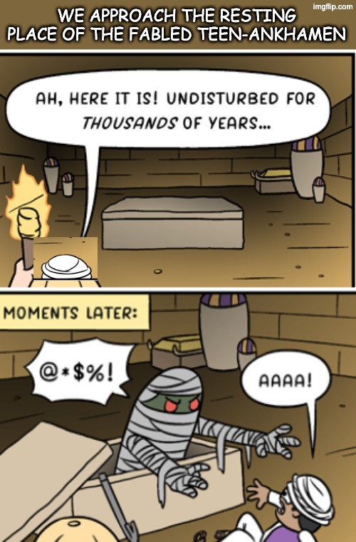 You gotta read the hieroglyphs on the door | WE APPROACH THE RESTING PLACE OF THE FABLED TEEN-ANKHAMEN | image tagged in teenager,curse,mummy,danger,parenting | made w/ Imgflip meme maker