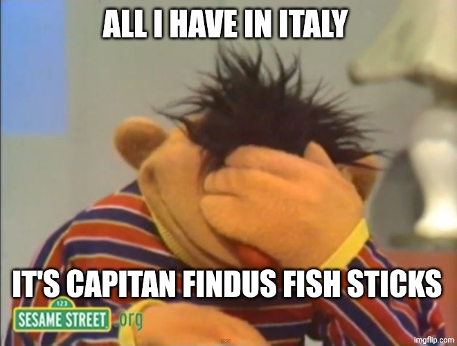 Face palm Ernie  | ALL I HAVE IN ITALY; IT'S CAPITAN FINDUS FISH STICKS | image tagged in face palm ernie | made w/ Imgflip meme maker
