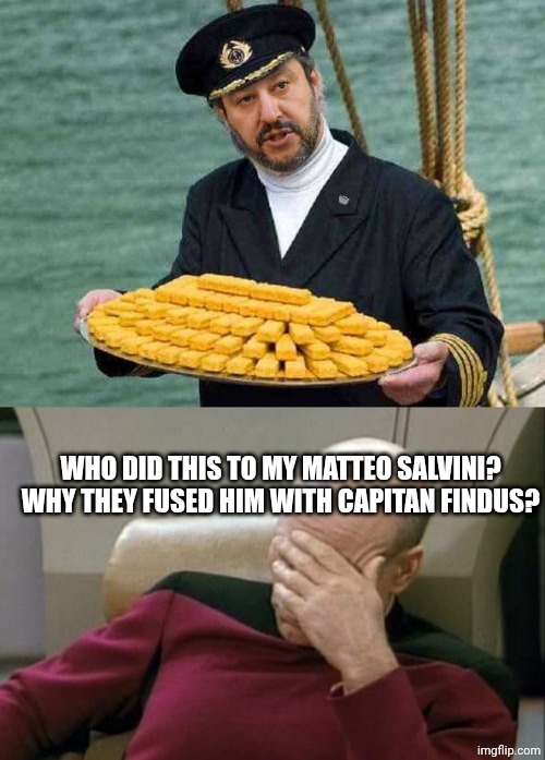 WHO DID THIS TO MY MATTEO SALVINI? WHY THEY FUSED HIM WITH CAPITAN FINDUS? | image tagged in salvini capitan findus,memes,captain picard facepalm | made w/ Imgflip meme maker