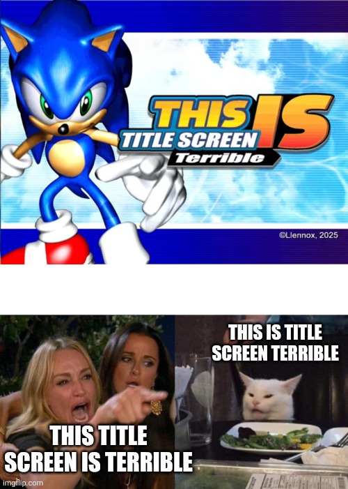 Sonic Adventure DX be like | THIS IS TITLE SCREEN TERRIBLE; THIS TITLE SCREEN IS TERRIBLE | image tagged in sonic adventure dx title screen hack,memes,woman yelling at cat | made w/ Imgflip meme maker