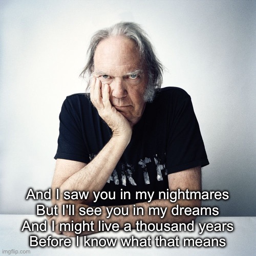 Neil Young | And I saw you in my nightmares
But I'll see you in my dreams
And I might live a thousand years
Before I know what that means | image tagged in neil young | made w/ Imgflip meme maker