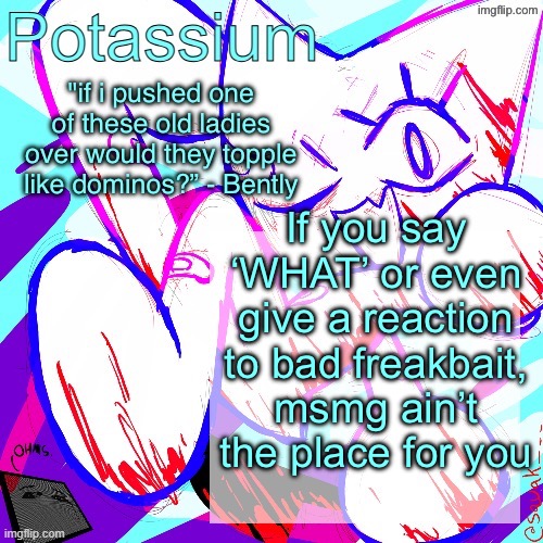 Potassium shitass fucking fuck template fuck | If you say ‘WHAT’ or even give a reaction to bad freakbait, msmg ain’t the place for you | image tagged in potassium shitass fucking fuck template fuck | made w/ Imgflip meme maker