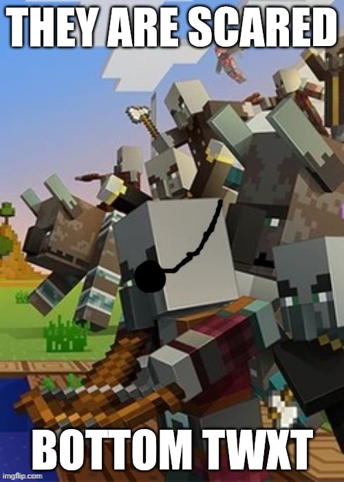 Illagers | THEY ARE SCARED; BOTTOM TWXT | image tagged in illagers | made w/ Imgflip meme maker