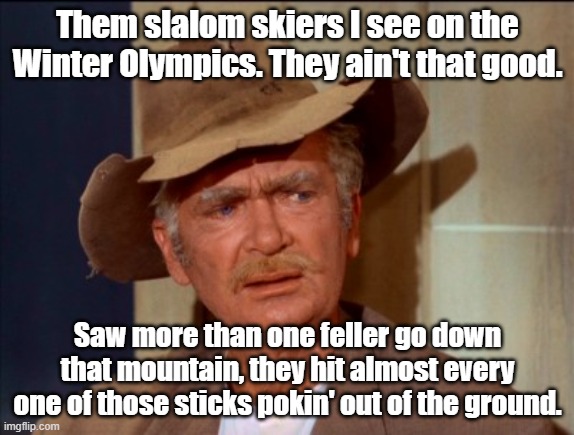 You'd think they would be avoidn' them. | Them slalom skiers I see on the Winter Olympics. They ain't that good. Saw more than one feller go down that mountain, they hit almost every one of those sticks pokin' out of the ground. | image tagged in jed clampett,winter olympics | made w/ Imgflip meme maker