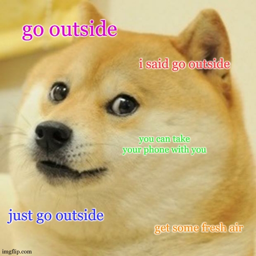 its good for you | go outside; i said go outside; you can take your phone with you; just go outside; get some fresh air | image tagged in doge,go outside,tag,why are you reading the tags,stop reading the tags,if you read this tag then you will be sad tomorrow | made w/ Imgflip meme maker
