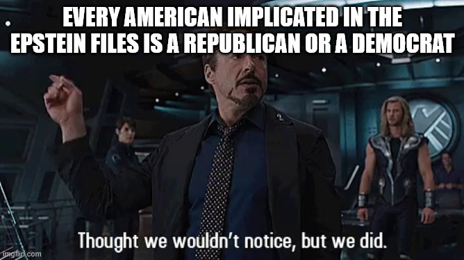 Thought We Wouldn't Notice, But We Did | EVERY AMERICAN IMPLICATED IN THE EPSTEIN FILES IS A REPUBLICAN OR A DEMOCRAT | image tagged in thought we wouldn't notice but we did | made w/ Imgflip meme maker