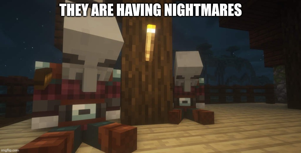Sleeping Pillagers | THEY ARE HAVING NIGHTMARES | image tagged in sleeping pillagers | made w/ Imgflip meme maker
