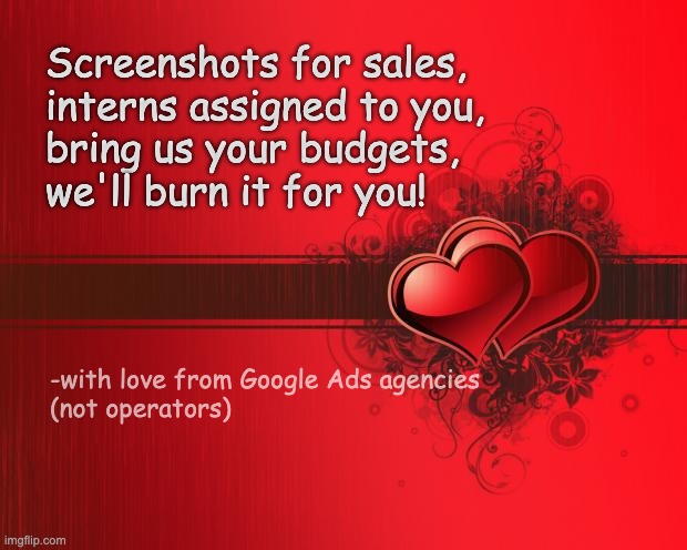 Google Ads Agencies on Valentine' Day to Clients | Screenshots for sales,
interns assigned to you,
bring us your budgets,
we'll burn it for you! -with love from Google Ads agencies 
(not operators) | image tagged in valentines day,google ads | made w/ Imgflip meme maker