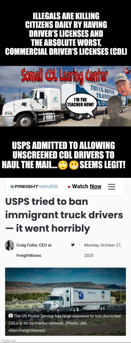 Illegal truck drivers | ILLEGALS ARE KILLING CITIZENS DAILY BY HAVING DRIVER’S LICENSES AND THE ABSOLUTE WORST, COMMERCIAL DRIVER’S LICENSES (CDL); USPS ADMITTED TO ALLOWING UNSCREENED CDL DRIVERS TO HAUL THE MAIL…🙄😬SEEMS LEGIT! | image tagged in public safety,transportation,sean duffy,usps,trucking,illegal immigration | made w/ Imgflip meme maker