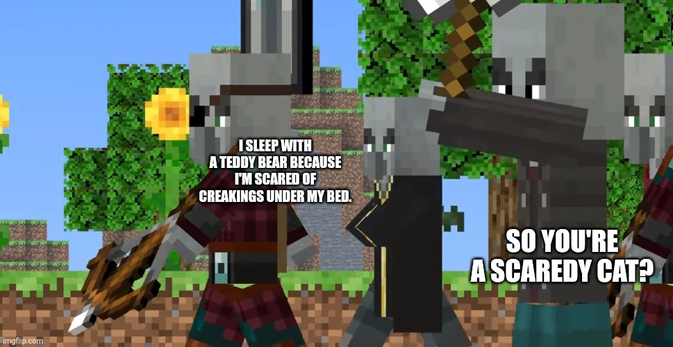 Pillager Patrol | I SLEEP WITH A TEDDY BEAR BECAUSE I'M SCARED OF CREAKINGS UNDER MY BED. SO YOU'RE A SCAREDY CAT? | image tagged in pillager patrol | made w/ Imgflip meme maker