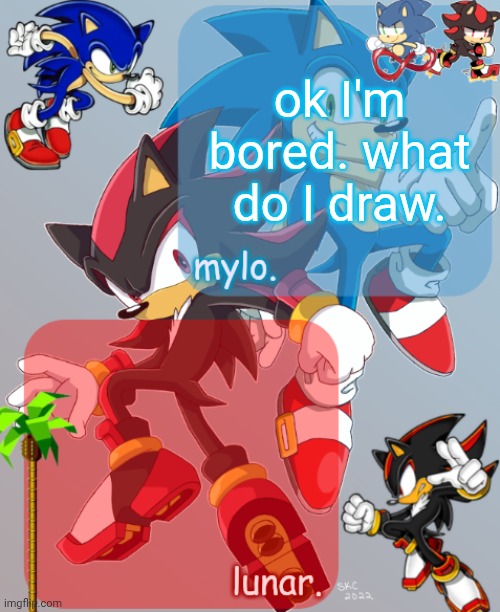 saying this knowing damn well I need to work in this design for a certain thing I'm working on | ok I'm bored. what do I draw. | image tagged in shared sonic and shadow temp | made w/ Imgflip meme maker