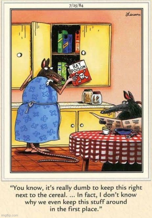 That’s a good question… | image tagged in the far side,comics,rats,rat poison,bad decision | made w/ Imgflip meme maker