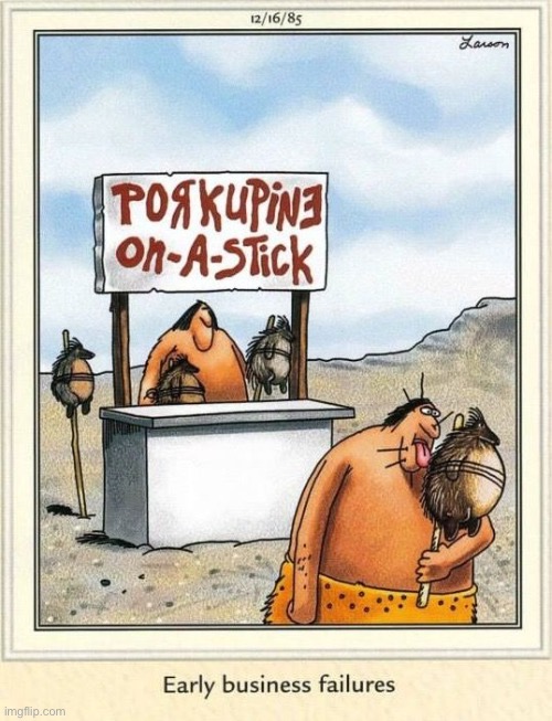 On the bright side, he ended up inventing acupuncture! | image tagged in the far side,comics,prehistoric,cavemen,porcupine,failed business | made w/ Imgflip meme maker