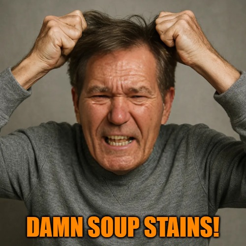 WHY! | DAMN SOUP STAINS! | image tagged in why | made w/ Imgflip meme maker