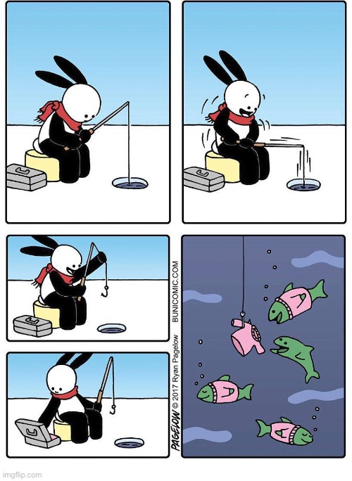 Buni Comics | image tagged in comics,buni comics,ice fishing,sweaters,nice and warm,happy fish | made w/ Imgflip meme maker