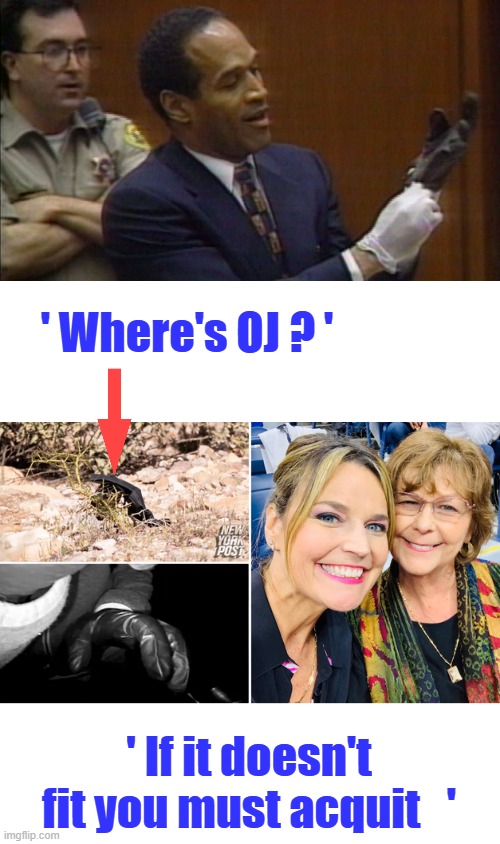 Is it just me or is the glove on the ground pointing ? | ' Where's OJ ? '; ' If it doesn't fit you must acquit   ' | made w/ Imgflip meme maker