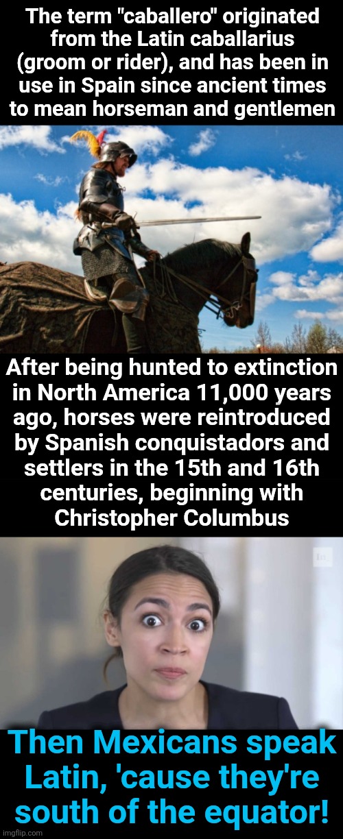 The term "caballero" originated
from the Latin caballarius
(groom or rider), and has been in
use in Spain since ancient times
to mean horseman and gentlemen; After being hunted to extinction
in North America 11,000 years
ago, horses were reintroduced
by Spanish conquistadors and
settlers in the 15th and 16th
centuries, beginning with
Christopher Columbus; Then Mexicans speak Latin, 'cause they're south of the equator! | image tagged in crazy alexandria ocasio-cortez,memes,spain,mexico,caballero,democrats | made w/ Imgflip meme maker