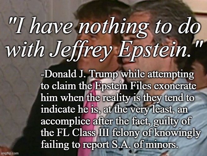 Liar, liar. | "I have nothing to do
with Jeffrey Epstein."; -Donald J. Trump while attempting
to claim the Epstein Files exonerate
him when the reality is they tend to
indicate he is, at the very least, an
accomplice after the fact, guilty of
the FL Class III felony of knowingly
failing to report S.A. of minors. | image tagged in co-conspirators,trump,accomplice,epstein files,trump unfit unqualified dangerous,criminal | made w/ Imgflip meme maker