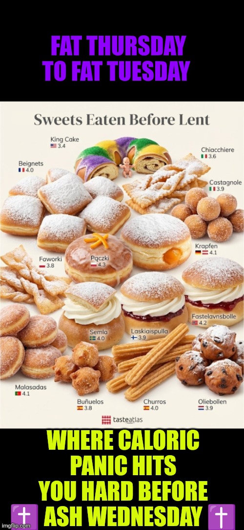Fat Thursday to Fat Tuesday | FAT THURSDAY TO FAT TUESDAY; WHERE CALORIC PANIC HITS YOU HARD BEFORE ✝️ ASH WEDNESDAY ✝️ | image tagged in lent,fat tuesday,calories,gluttony,ash wednesday,christianity | made w/ Imgflip meme maker