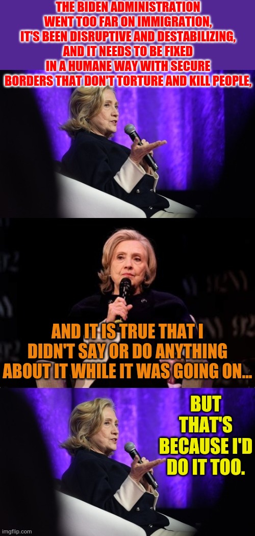 Closer To The Truth? | THE BIDEN ADMINISTRATION WENT TOO FAR ON IMMIGRATION, IT'S BEEN DISRUPTIVE AND DESTABILIZING, AND IT NEEDS TO BE FIXED IN A HUMANE WAY WITH SECURE BORDERS THAT DON'T TORTURE AND KILL PEOPLE, AND IT IS TRUE THAT I DIDN'T SAY OR DO ANYTHING ABOUT IT WHILE IT WAS GOING ON... BUT THAT'S BECAUSE I'D DO IT TOO. | image tagged in memes,politics,hillary clinton,world,economics,forums | made w/ Imgflip meme maker