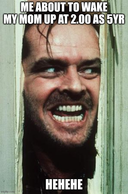 Here's Johnny Meme | ME ABOUT TO WAKE MY MOM UP AT 2.00 AS 5YR; HEHEHE | image tagged in memes,here's johnny | made w/ Imgflip meme maker