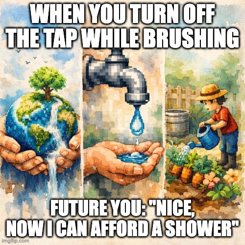 Water | WHEN YOU TURN OFF THE TAP WHILE BRUSHING; FUTURE YOU: "NICE, NOW I CAN AFFORD A SHOWER" | image tagged in water | made w/ Imgflip meme maker