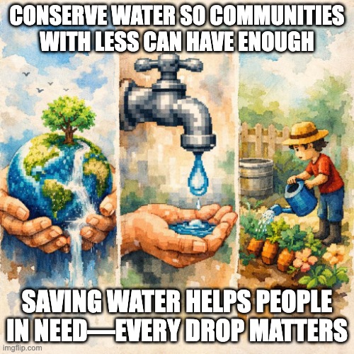 save water | CONSERVE WATER SO COMMUNITIES WITH LESS CAN HAVE ENOUGH; SAVING WATER HELPS PEOPLE IN NEED—EVERY DROP MATTERS | image tagged in water | made w/ Imgflip meme maker