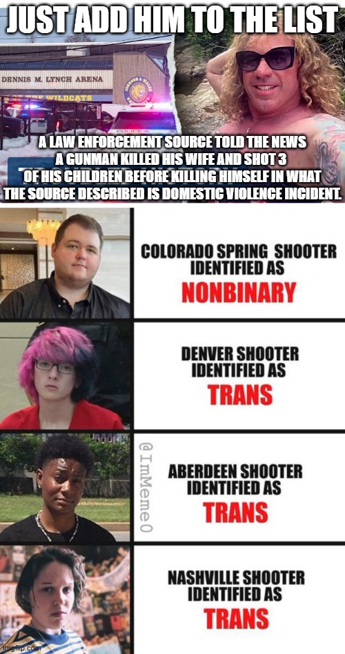 Not Bigotry - IT'S MENTAL ILLNESS | JUST ADD HIM TO THE LIST; A LAW ENFORCEMENT SOURCE TOLD THE NEWS A GUNMAN KILLED HIS WIFE AND SHOT 3 
OF HIS CHILDREN BEFORE KILLING HIMSELF IN WHAT THE SOURCE DESCRIBED IS DOMESTIC VIOLENCE INCIDENT. | image tagged in leftists,liberals,social media,reposts,violent,democrats | made w/ Imgflip meme maker