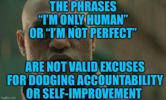 There’s no excuse for poor behavior | THE PHRASES “I’M ONLY HUMAN” OR “I’M NOT PERFECT”; ARE NOT VALID EXCUSES FOR DODGING ACCOUNTABILITY OR SELF-IMPROVEMENT | image tagged in memes,matrix morpheus | made w/ Imgflip meme maker