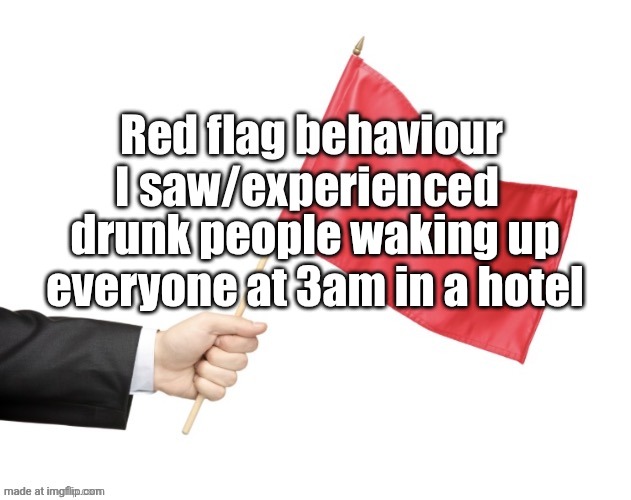 Red flag behaviour | drunk people waking up everyone at 3am in a hotel | image tagged in red flag behaviour | made w/ Imgflip meme maker