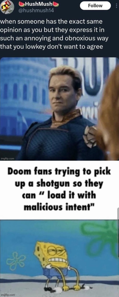 image tagged in when someone has the exact same opinion,doom fans trying to pick up a shotgun | made w/ Imgflip meme maker
