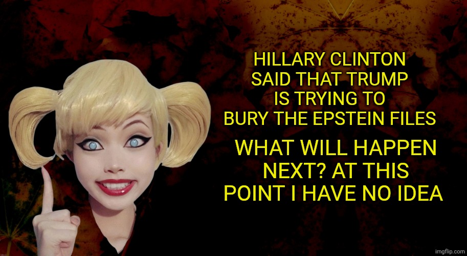 Harley Quinn | HILLARY CLINTON SAID THAT TRUMP IS TRYING TO BURY THE EPSTEIN FILES; WHAT WILL HAPPEN NEXT? AT THIS POINT I HAVE NO IDEA | image tagged in harley quinn | made w/ Imgflip meme maker