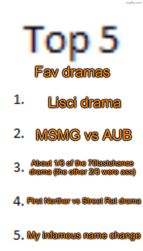 Emosnake did it so Imma do it too if | Fav dramas; Lisci drama; MSMG vs AUB; About 1/3 of the 70lastchance drama (the other 2/3 were ass); First Norther vs Street Rat drama; My infamous name change | image tagged in top 5 list | made w/ Imgflip meme maker