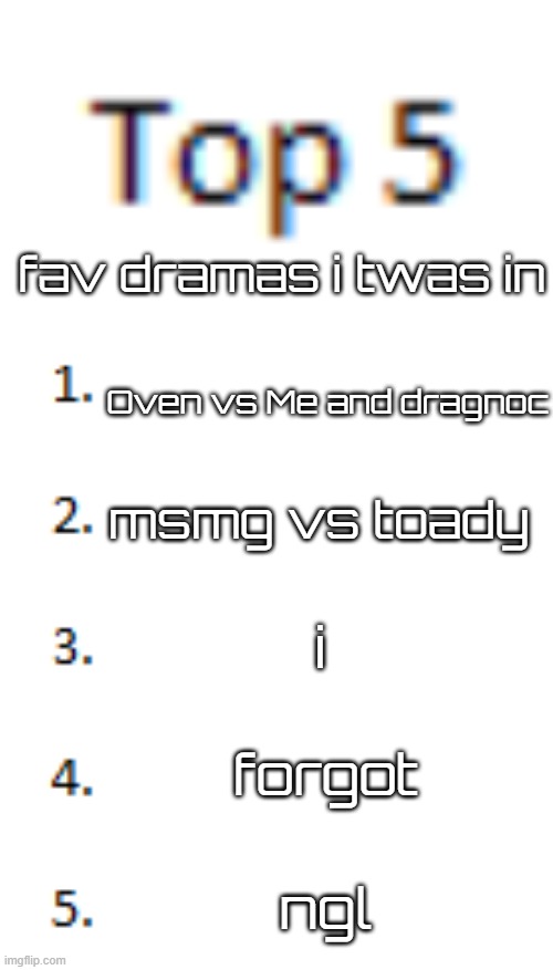 Top 5 List | fav dramas i twas in; Oven vs Me and dragnoc; msmg vs toady; i; forgot; ngl | image tagged in top 5 list | made w/ Imgflip meme maker