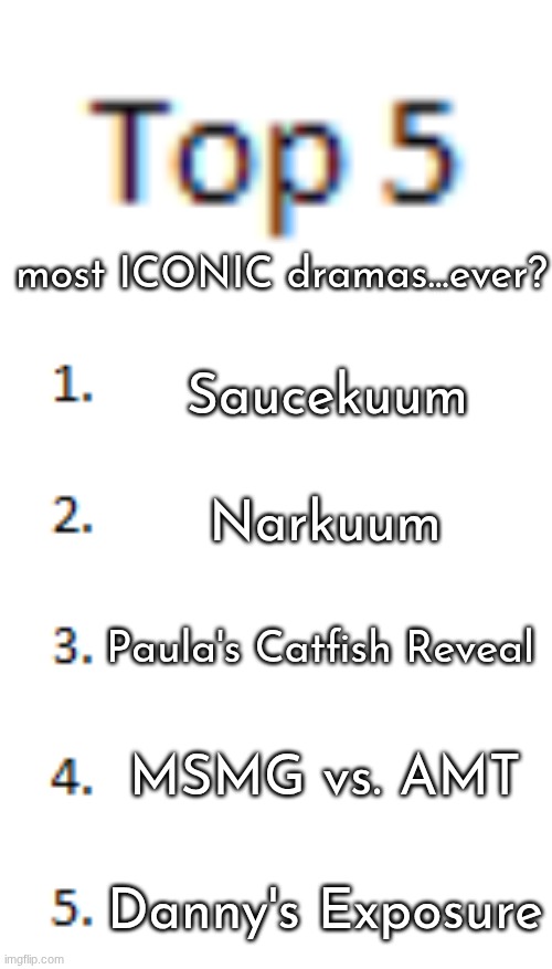 unordered and probably inaccurate. | most ICONIC dramas...ever? Saucekuum; Narkuum; Paula's Catfish Reveal; MSMG vs. AMT; Danny's Exposure | image tagged in top 5 list | made w/ Imgflip meme maker
