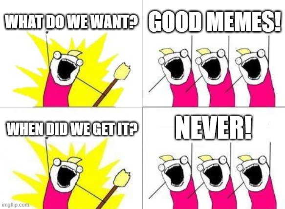 almost every meme is unfunny | WHAT DO WE WANT? GOOD MEMES! NEVER! WHEN DID WE GET IT? | image tagged in memes,what do we want | made w/ Imgflip meme maker