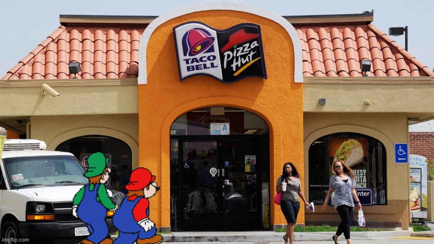 Mario and Luigi go to Taco Bell and Pizza Hut. | image tagged in combination pizza hut and taco bell,mario | made w/ Imgflip meme maker