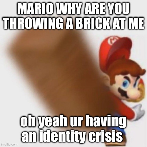 Oh no | MARIO WHY ARE YOU THROWING A BRICK AT ME; oh yeah ur having an identity crisis | image tagged in mario throws a brick at you | made w/ Imgflip meme maker