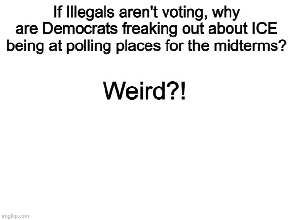 Hm. | If Illegals aren't voting, why are Democrats freaking out about ICE being at polling places for the midterms? Weird?! | image tagged in memes,funny,democrats,political meme,politics | made w/ Imgflip meme maker