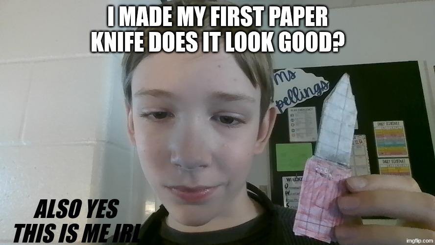 paper | I MADE MY FIRST PAPER KNIFE DOES IT LOOK GOOD? ALSO YES THIS IS ME IRL | image tagged in paper knife | made w/ Imgflip meme maker
