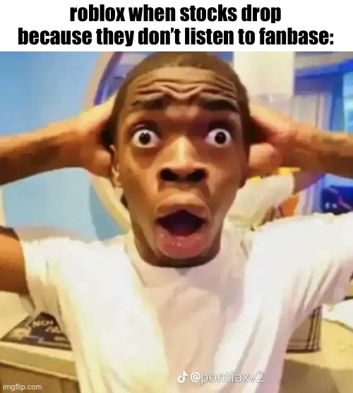 Shocked black guy | roblox when stocks drop because they don’t listen to fanbase: | image tagged in shocked black guy | made w/ Imgflip meme maker