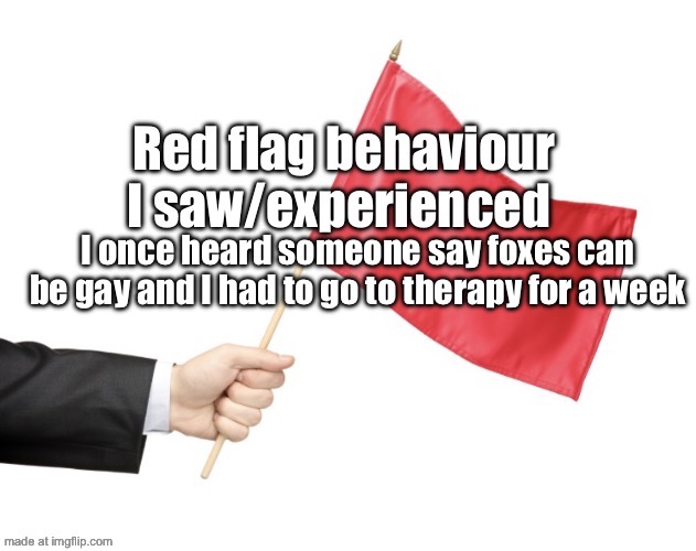 Red flag behaviour | I once heard someone say foxes can be gay and I had to go to therapy for a week | image tagged in red flag behaviour | made w/ Imgflip meme maker